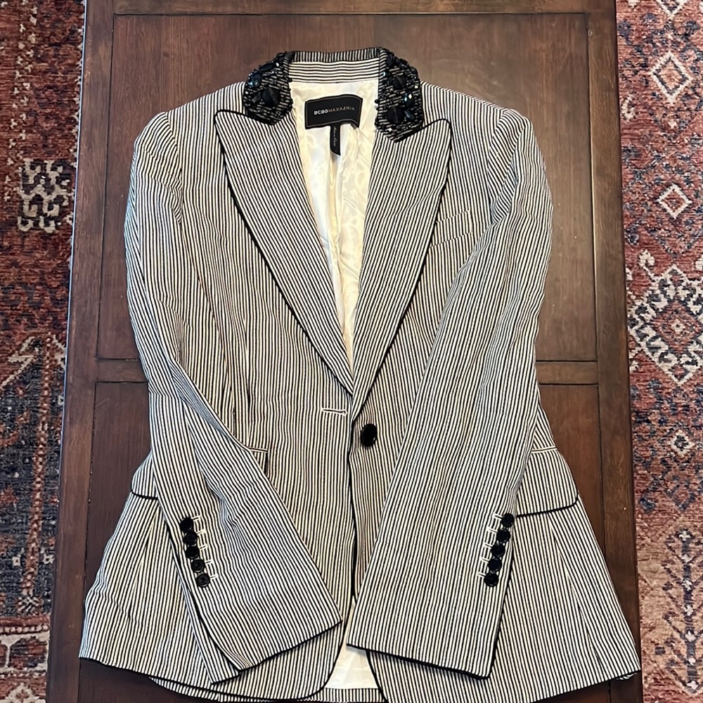 Bcbg striped blazer with gemstone collar